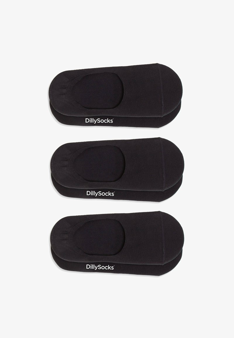 Calcetines negros de corte bajo dispuestos en tres pares, con una textura suave, banda elástica y diseño de puntera reforzada. Se muestra el logo "DillySocks".