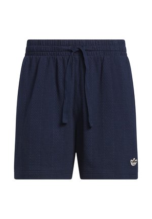 Marineblå treningsshorts med elastisk midjebånd og snor. Teksturert, pustende stoff med en liten hvit logo på nedre kant.