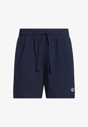 Marineblå treningsshorts med elastisk midjebånd og snor. Teksturert, pustende stoff med en liten hvit logo på nedre kant.