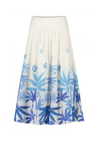 Witte katoenen rok met blauwe bloemen- en bladvormen, geplooid ontwerp, middellange snit en een gladde textuur.