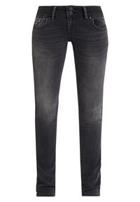 Schwarze Jeans aus Denim mit schmaler Passform, fünf Taschen und einer ausgeblichenen Waschung mit dezenten Abnutzungserscheinungen. Zwei-Knopf-Verschluss am Bund.