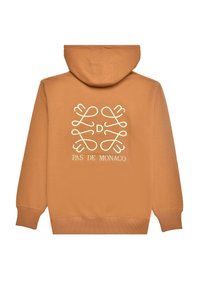 Bruine hoodie met een witte grafische ontwerp en tekst "PAS DE MONACO" op de achterkant. Gemaakt van zachte, gestructureerde stof.