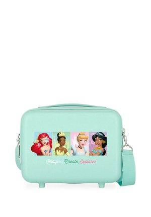 Bolsa rectangular azul claro con retratos de cuatro princesas de Disney y el texto "Imagine, Create, Explore!" en el panel frontal.