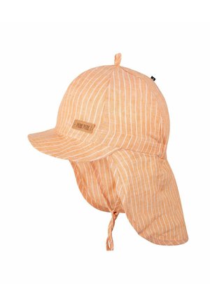 Pfirsichfarbener gestreifter Sonnenhut mit Nackenklappe und Kinnriemen, vorne mit einem kleinen "PURE PURE"-Etikett versehen.