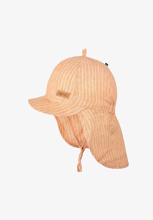 Cappello da sole a righe color pesca con protezione per il collo e cinturini sotto il mento, con una piccola etichetta "PURE PURE" sulla parte frontale.