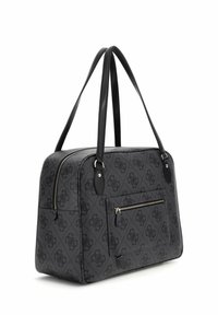 Sac à main designer gris foncé avec un motif de logo noir, de forme rectangulaire, deux longues anses noires et une poche frontale zippée.
