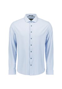 Lichtblauwe, button-up shirt met lange mouwen en een standaard kraag. Heeft donkere knopen en een gladde stofstructuur.