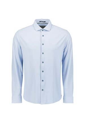 Lichtblauwe, button-up shirt met lange mouwen en een standaard kraag. Heeft donkere knopen en een gladde stofstructuur.