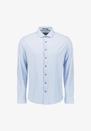 Lichtblauwe, button-up shirt met lange mouwen en een standaard kraag. Heeft donkere knopen en een gladde stofstructuur.