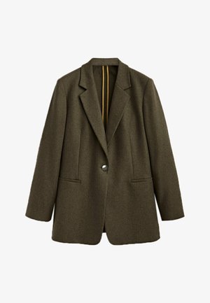 Blazer vert olive en tissu texturé, avec une fermeture à un bouton, des revers crantés et deux poches avant. Doublure jaune visible.