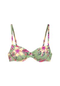 Bloemige bikini top met groene achtergrond, voorzien van roze en gele bloemen. Verstelbare dunne bandjes en een geplooide stofontwerp.