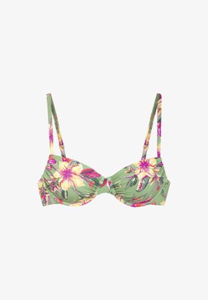 Haut de bikini fleuri avec un fond vert, présentant des fleurs roses et jaunes. Bretelles fines réglables et design de tissu froncé.
