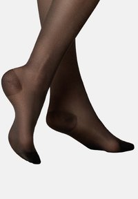 Schwarze transparente Strumpfhosen mit mattem Finish, glatter Textur, verstärktem Zeh und subtilem Glanz. Dargestellt auf übereinandergelegten Beinen, die ihre Form hervorheben.