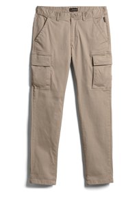 Khaki cargo kalhoty s pravidelným střihem, vybavené dvěma bočními kapsami, dvěma velkými kapsami na stehnech a zapínáním na knoflík. Vyrobeny z lehkého materiálu.