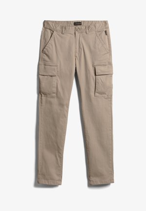 Khaki cargo kalhoty s pravidelným střihem, vybavené dvěma bočními kapsami, dvěma velkými kapsami na stehnech a zapínáním na knoflík. Vyrobeny z lehkého materiálu.