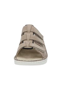 Beige suede slide sandal with multiple wide woven straps, open toe design, cushioned insole, and a textured white rubber sole.