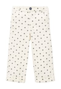 Pantaloni per bambini color crema con piccoli motivi floreali blu navy e orli risvoltati, dotati di una chiusura con bottone scuro in vita.