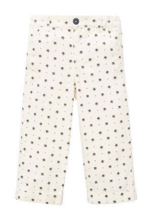 Pantaloni per bambini color crema con piccoli motivi floreali blu navy e orli risvoltati, dotati di una chiusura con bottone scuro in vita.