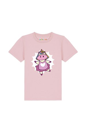Hellrosa Kinder-T-Shirt mit einem tanzenden Einhorn, das ein lila Kleid mit einem weißen Herz in der Mitte trägt.