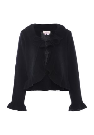 Cardigan nero corto in tessuto lavorato a maglia, con colletto arricciato, chiusura con fiocco e dettagli arricciati sulle maniche e sull'orlo.