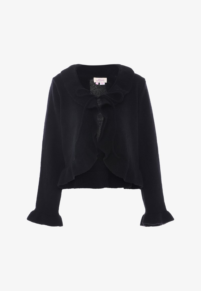 Cardigan nero corto in tessuto lavorato a maglia, con colletto arricciato, chiusura con fiocco e dettagli arricciati sulle maniche e sull'orlo.