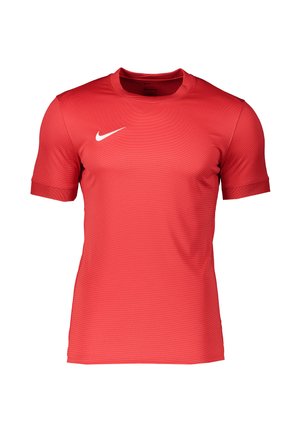 Rotes Sport-T-Shirt mit kurzen Ärmeln, Rundhalsausschnitt und weißem Nike-Swoosh-Logo auf der rechten Brust.