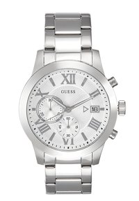 Montre en acier inoxydable argenté avec un cadran blanc texturé, des chiffres romains, trois sous-cadrans, un affichage de la date et un bracelet poli.
