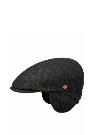 Dunkelgraue Tweed-Schiebermütze mit Ohrklappen und einem kleinen runden Logo-Patch an der Seite.