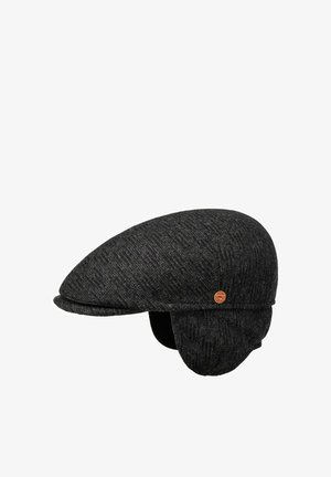 Dunkelgraue Tweed-Schiebermütze mit Ohrklappen und einem kleinen runden Logo-Patch an der Seite.