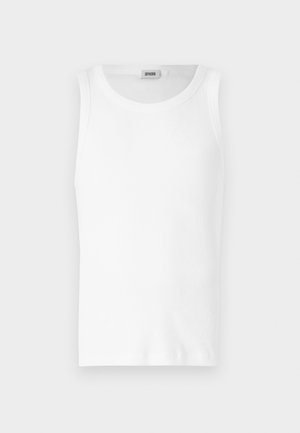 Weißes Baumwoll-Tanktop ohne Ärmel mit Rundhalsausschnitt und glatter Textur. Einfaches Design, ohne Muster oder Akzente.