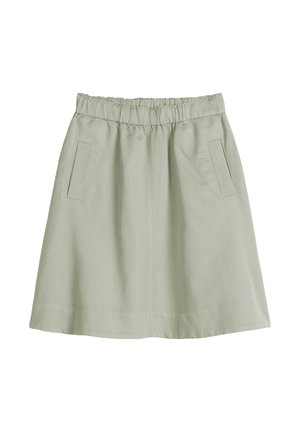 Hellgrüner A-Linien-Rock mit elastischem Bund und zwei senkrechten Einschubtaschen vorne, aus glattem Stoff.