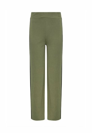 Olive green pants with a smooth texture, featuring black side stripes and an elastic waistband. Straight cut design with ankle-length fit.