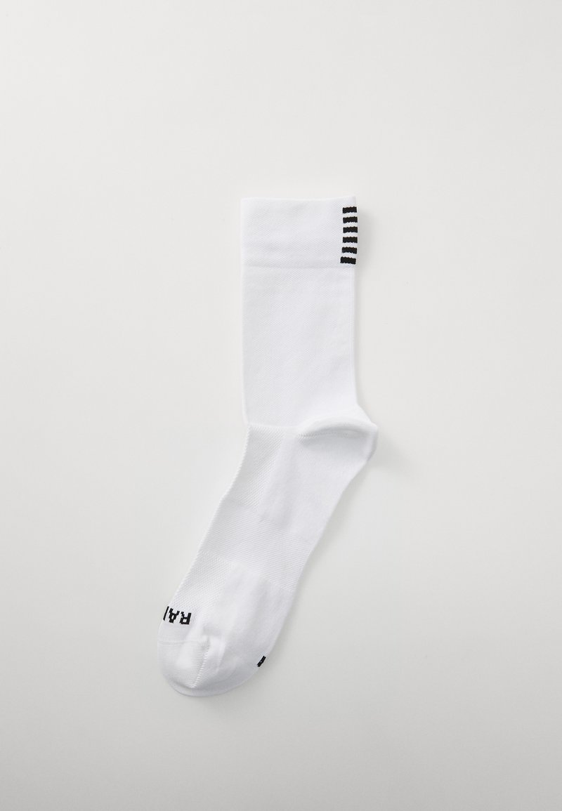 White athletic sock with a ribbed black striped cuff, smooth texture, and a reinforced toe. Includes black brand text at the bottom.