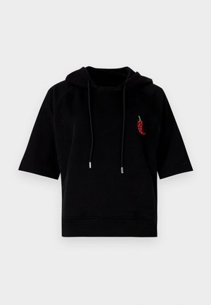 Black short-sleeve hoodie made of soft fabric, featuring a front pocket and a decorative red chili pepper embroidery on the chest.