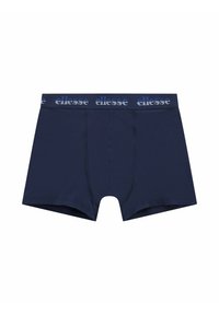 Dunkelblaue Herren-Boxershorts aus weichem Stoff, mit einem elastischen Bund mit Logo und einem Frontbeutel für maximalen Komfort.