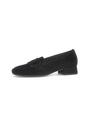 Black suede loafers with a rounded toe, featuring a woven accent on the upper and a low block heel for stability.