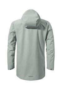 Wasserabweisende, hellgrüne Jacke mit Kapuze, langen Ärmeln und Druckknopfmanschetten. Sie zeichnet sich durch eine schlanke, glatte Textur und ein minimalistisches Design aus.