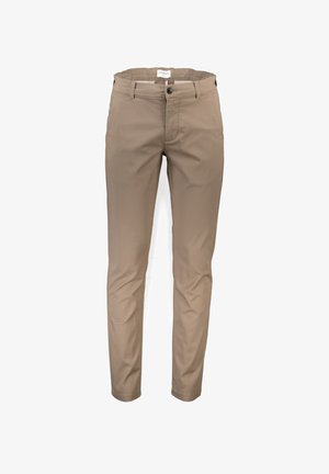 Chinos khaki avec un design slim fit, fermeture éclair, bouton, passants de ceinture et poches latérales ; en coton lisse et peu froissés.