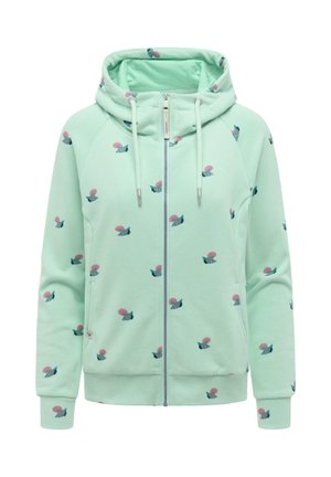 Minzgrüner Kapuzenpullover mit Reißverschluss, pinken und blauen Blumenmustern, verstellbarem Kordelzug an der Kapuze und Fronttaschen.