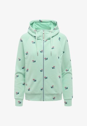 Mintgroene capuchontrui met ritssluiting, roze en blauwe bloemenprints, verstelbare trekkoordkap en zakken aan de voorkant.