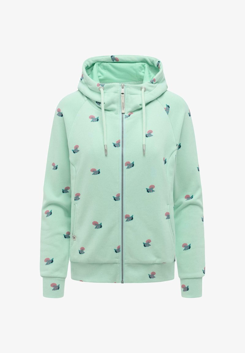Sweat à capuche zippé vert menthe avec imprimés floraux roses et bleus, capuche réglable avec cordon de serrage et poches avant.