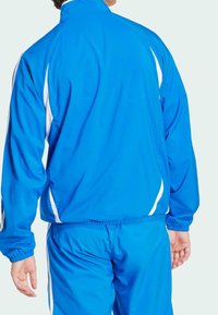Blå idrottsjacka med hög krage, vita sidodetaljer och elastiska ärmslut. Slätt, lättviktigt tyg designat för aktiv användning.