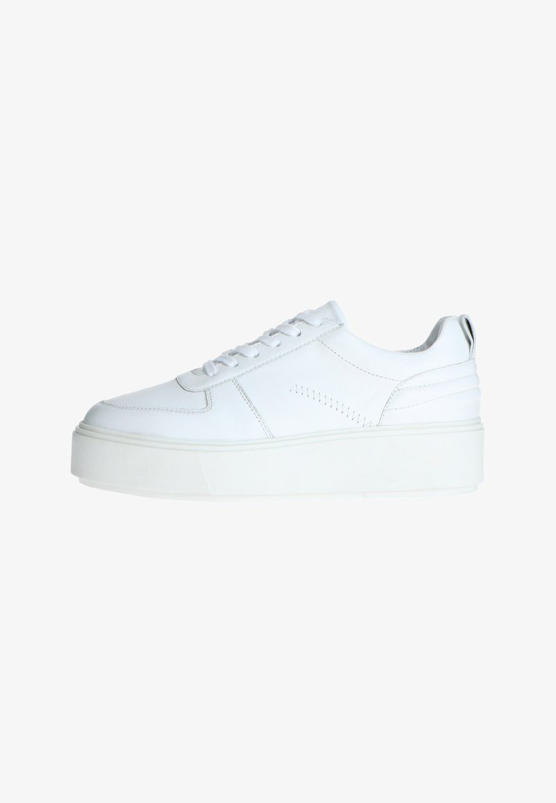White leather sneakers with a rounded toe, lace-up design, thick white sole, and subtle stitching accents on the side.