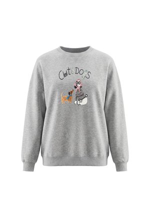 Lysegrå sweatshirt med farverige broderede hunde og teksten "Cute Dogs" på forsiden.