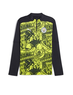 Langærmet atletisk skjorte med et lysende gult og sort grafisk design, der har et Manchester City-logo og detaljerede illustrationer.