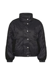 Doudoune noire avec col montant, boutons-pression sur le devant, tissu texturé sur les côtés et les manches, poignets et ourlet élastiques.