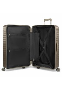 Hard-shell suitcase with a metallic gold finish, black interior, two mesh pockets, cross straps, and four wheels for easy mobility.