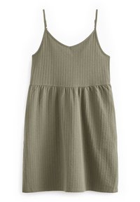 Robe sans manches de couleur vert olive en tissu côtelé texturé, avec un corsage ajusté et une jupe fluide. Bretelles réglables au design simple.