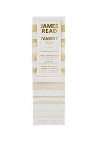 Weißer Karton mit goldenen Streifen, beschriftet "James Read Tan Edit Drops." Enthält 50 ml; entwickelt zur Korrektur und Aufhellung von Selbstbräune.