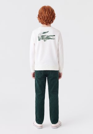 Enfant aux cheveux roux portant un sweat blanc avec un crocodile vert dans le dos, un pantalon vert et des baskets blanches, debout de dos.